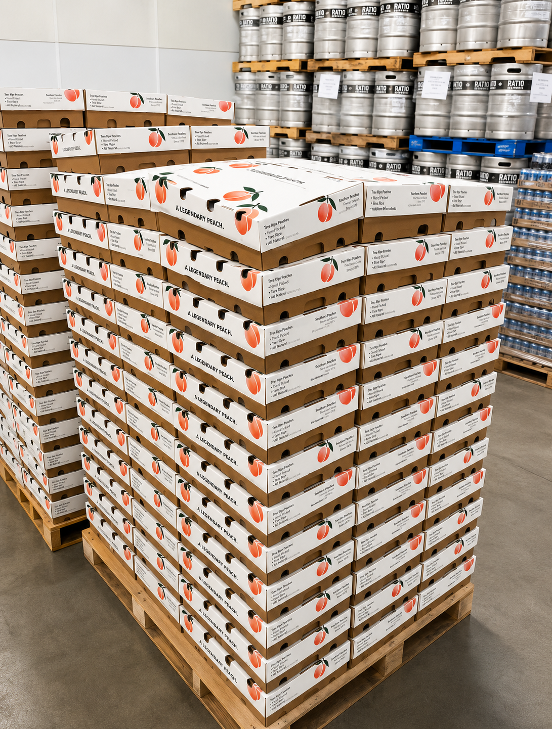 Pallet of peach boxes stored at FMG Denver food warehouse
